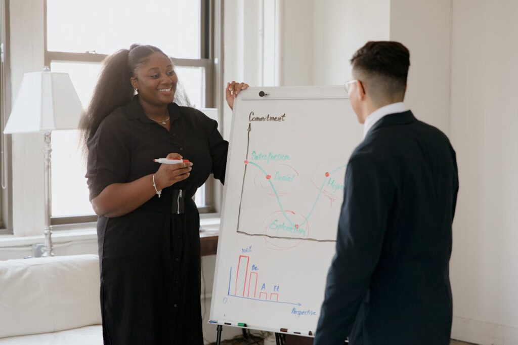 Professional business presentation with diverse team using a flip chart in a modern office setting.